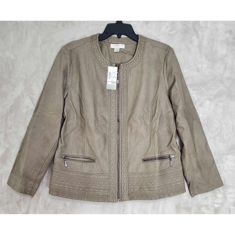 Christopher & Banks Faux Leather Jacket Women's L Petite Brown Full Zip Work NWT